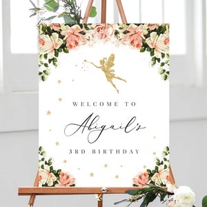 Fairy Welcome Sign Template, Printable Fairy Themed Party Welcome Sign, Gold and Pink Fairy Signs Template, Editable, Templett