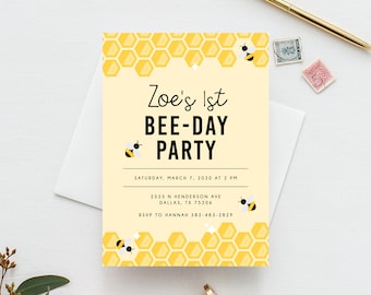 Bee Day Invite Template, Bumble Bee Birthday Invitation Template, Printable Bee Honeycomb Birthday Invitation, Instant Download, Templett