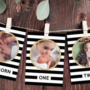 First Year Photos Banner Template, Printable First Birthday Monthly Photo Banner, 12 Months Photos, Mr. Onederful, Templett, B02