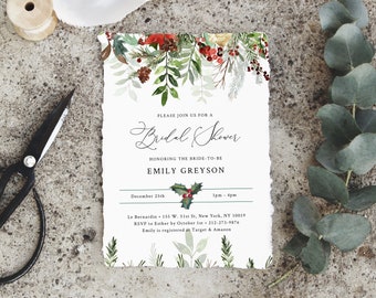 Puede incluir: Una tarjeta blanca con una ilustración de acuarela de vegetación y bayas rojas. El texto en la tarjeta dice "Por favor, únase a nosotros para una  Shower de Novia en honor a la futura novia Emily Greyson. 25 de diciembre de 1 pm a 4 pm Le Bernardin. 155 W. 51st St, Nueva York, NY 10019 RSVP a Esther antes del 1 de octubre 212-273-9876 Emily está registrada en Target & Amazon"