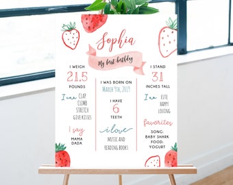 May include: A watercolor illustration of a strawberry-themed first birthday milestone poster for a baby named Sophia. The poster includes details like weight, height, favorite activities, and favorite foods. The poster is decorated with strawberries and a pink ribbon.