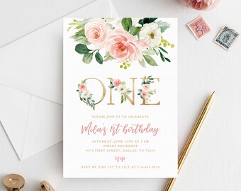 Plantilla de invitación a la primera fiesta de cumpleaños floral rosa rubor, invitación imprimible del 1er cumpleaños del bebé para niñas, invitación boho, uno, Templett