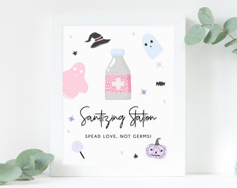 Pastel Halloween Baby Shower Sanitizing Station Sign, Printable Halloween Party COVID Safety Guidelines Sign, Sanitizer Sign, Templett, B24