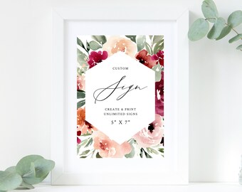 Editable Custom Sign Template, DIY Printable Unlimited Wedding Signs, Burgundy & Blush Wedding Sign, Create Your Own 5" x 7", Templett, W45