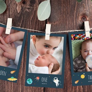 Space First Year Photos Banner Template, Printable First Birthday Monthly Photo Banner, 12 Months Photos, Instant Download Templett
