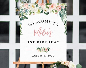Plantilla de signo de bienvenida de 1er cumpleaños de Blush Pink, signo de bienvenida de primer cumpleaños imprimible, signo de bienvenida floral de rubor de acuarela, Templett