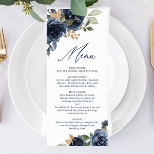 Navy & Gold Wedding Menu Template, Printable Floral Menu, Editable Wedding Menu, DIY Wedding Menu, Templett, Instant Dowload, W27