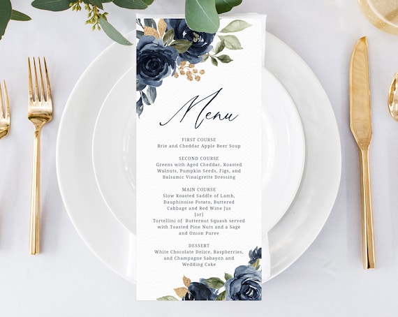 Navy Gold Wedding Menu Template Printable Floral Menu Etsy 日本