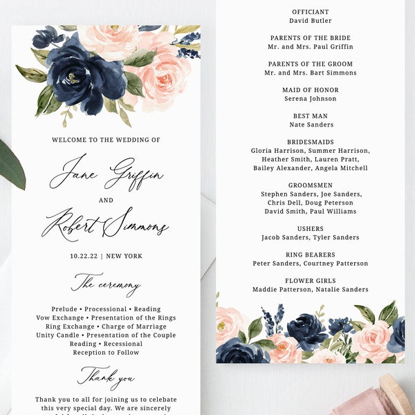 Plantilla de programa de bodas Navy & Blush, programa de bodas imprimible, programa de bodas florales de la marina editable, descarga instantánea, Templett, W34