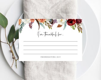 Plantilla imprimible de Acción de Gracias, Estoy agradecido por las notas, Tarjeta de Acción de Gracias, Comida compartida de Acción de Amigos imprimible, Cena de Acción de Amigos, Templett
