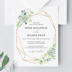 Succulent Wedding Invitation Template, Printable Wedding Invitation Suite, Watercolor Succulent and Gold Wedding Invitation, Templett, W40B