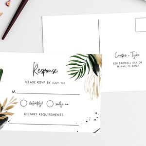 Modello di cartolina RSVP, inserto RSVP stampabile, carta RSVP per matrimonio tropicale, cartolina postale con risposta al palmo, Templett, W44