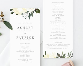 Modello di programma di matrimonio floreale, programma di matrimonio stampabile, programma di matrimonio nel verde, programmi di cerimonia modificabili, istantaneo, Templett, W19