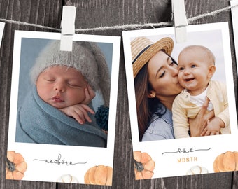 First Year Photos Banner Template, Printable Pumpkin First Birthday Monthly Photo Banner, Fall 12 Months Photos, Templett, B35