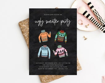 May include: Black and white invitation for an ugly sweater party with illustrations of four colorful sweaters. The invitation includes the date, time, location, and RSVP information.