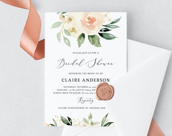 Bridal Shower Invitation Template, Printable Bridal Shower Invite, Blush Bridal Invitation, Peach Floral Bridal Shower Invite, Templett, W41