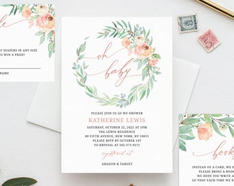 Könnte beinhalten: Eine Babyparty-Einladung mit einem Aquarellkranz aus Grünpflanzen und rosa Blüten. Der Text lautet "oh baby" in rosa Schrift. Die Einladung enthält Datum, Uhrzeit, Ort und RSVP-Informationen für die Babyparty von Katherine Lewis.