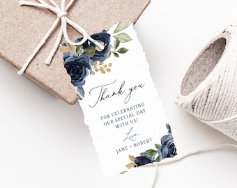 Navy & Gold Wedding Favor Tag Template, Thank You Tag, Wedding Favor Label, Wedding Gift Tags, Floral Favor Tag Printable, Templett, W27