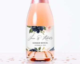 Gender Reveal Mini Champagne Bottle Label Template, Navy & Blush Mini Bottle Sticker Template, Instant Download Digital File, Templett, B34