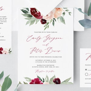 Plantilla de invitación de boda de Borgoña, suite de invitación de boda imprimible, conjunto de invitación de boda floral de Borgoña, Templett, W45 imagen 5
