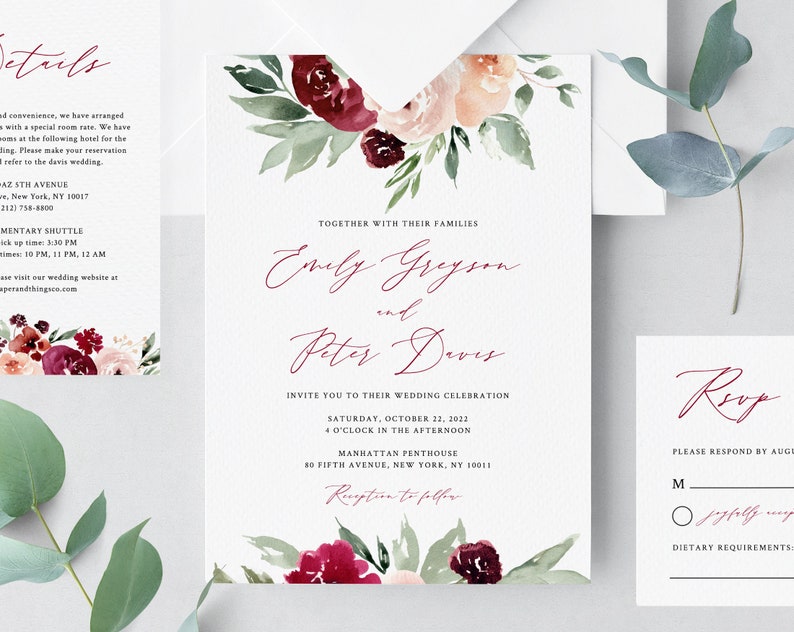 Plantilla de invitación de boda de Borgoña, suite de invitación de boda imprimible, conjunto de invitación de boda floral de Borgoña, Templett, W45 imagen 5