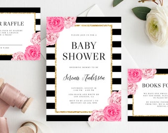 INSTANT DOWNLOAD Baby Shower Invitation, Birthday Party Invite, Black and White Stripes, Kate Inspired, Printable Invitation, Templett