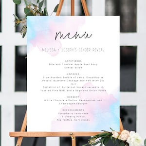 Modèle de menu de révélation de genre, menu imprimable de révélation de genre, menu de révélation de genre bleu ou rose, signe de menu modifiable, Templett, B01