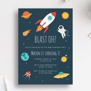 Ruimte verjaardagsuitnodiging sjabloon, uitnodiging voor verjaardagsfeestje van Astronaut, afdrukbare ruimteraket thema uitnodigen, Instant Download, Templett
