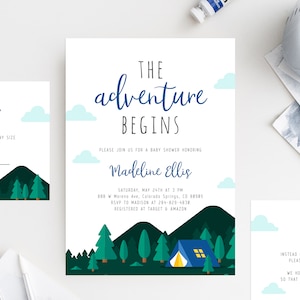 Adventure Begins Baby Shower Invitation Template, Printable Camping Baby Shower, Editable Adventure Baby Shower Invite, Templett, B06 image 1