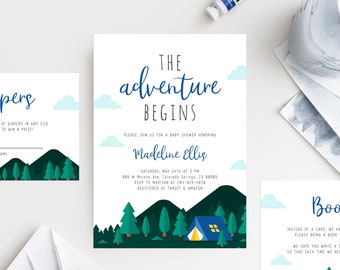 May include: A baby shower invitation with a blue and green woodland theme. The invitation features a tent, trees, and mountains. The text on the invitation reads "The adventure begins" and "Please join us for a baby shower honoring Madeline Ellis".