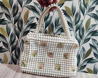 Vintage jaren 1950 Grandee witte handtas met bellenkraal, halverwege de eeuw geborduurde roze bloemenrozet avondportemonnee met handvat, retro bruidskitsch