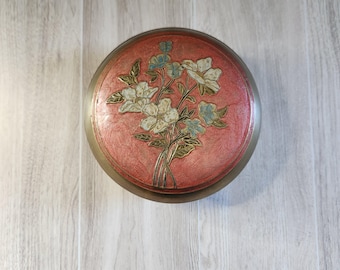 Vintage Indian Brass Cloisonné Box, Hand-Enameled Floral Round Trinket Dish, 1970s India Brassware, Bohemian Vanity Decor