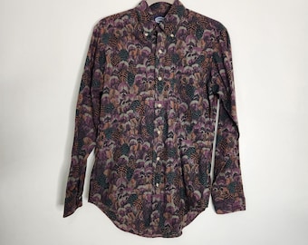 Vintage 1980s Oxford Feather Print Shirt Men's Small, Made in USA All Over Print Button Down, Retro Western Boho Americana Long Sleeve Top