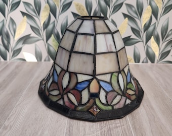 8.25" Tiffany Style Replacement Lamp Shade, Handcrafted Stained Slag Glass Bell Shade with Multi-Color Floral Art Deco Border & Iridescent