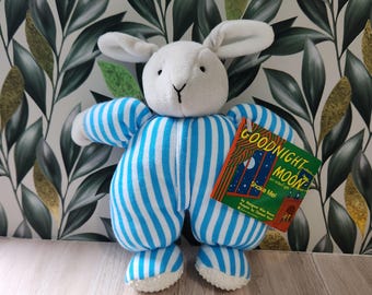 Vintage 1994 Eden Goodnight Moon Pajama Bunny Rattle Plush, With Tags Storybook Stuffed Animal with Striped PJs & Gripper Feet
