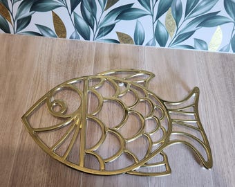 Vintage Leonard Silver Plate Fish Trivet, 1970s Italian Mid-Century Modern Kitchenware, Gold-Tone Fish Wall Decor, Made in Italy