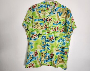 Koszula hawajska Waikiki Holiday z lat 70., męska, duża, retro, poliestrowa, aloha, szeroki kołnierzyk kempingowy, tropikalny top podróżny