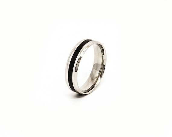 Two Tone Tungsten ring w/ Black Inner Band Silver Finish Black Stripe -  IntelliRings