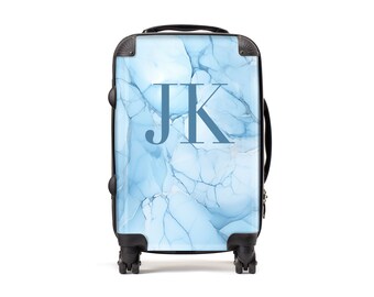 Personalized Light Blue Marble Initial Luggage | Carry On Luggage | Marble Luggage | Custom Suitcase | Personalized Suitcase | Carry-On