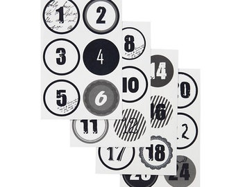 24 Zahlen Aufkleber SCHWARZ/WEIß - rund 4 cm Ø - Adventskalender DIY Kalenderzahlen