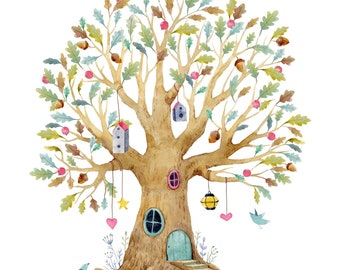 241 Sticker mural coloré arbre chêne elfe construction maison - en 2 tailles - mignon autocollant chambre d'enfant bébé chambre autocollant mural garçon fille