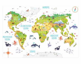 174 Wall decal world map with animals 3D - children's room wall decoration