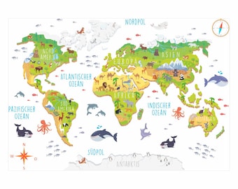 174 Wall decal world map with animals 3D - children's room wall decoration