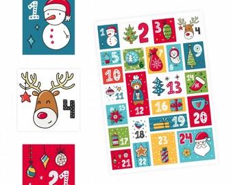 Calendrier de l'avent 24 stickers chiffres colorés - carrés - stickers Noël à bricoler décorer DIY