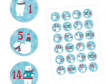 24 Adventskalender Zahlen Aufkleber Eisbären - rund 4 cm Ø - Sticker Weihnachten zum basteln dekorieren DIY