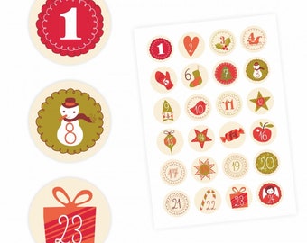 24 Adventskalender Zahlen Aufkleber BEIGE Retro - rund 4 cm Ø - Sticker Weihnachten zum basteln dekorieren DIY