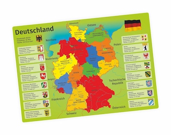 Leerposter voor kinderen - Duitsland met afbeeldingen, wapen en deelstaten - Klaslokaal A1 A2 A3 Muurdecoratie voor kinderkamer