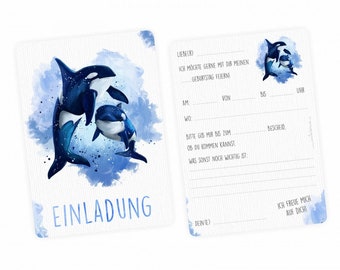 5 invitation cards Orca blue/ white with GLITTER incl. 5 envelopes