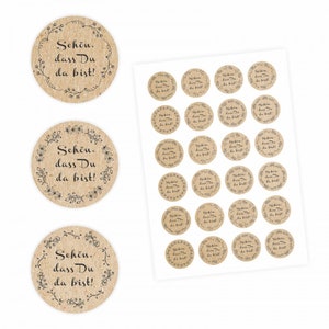 24 "Bello che tu sia qui!" Adesivo - aspetto carta kraft floreale - circa 4 cm Ø - adesivo regalo per invitati al matrimonio