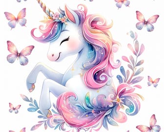248 adesivi murali unicorno con farfalle in 4 diverse versioni. Taglie acquerello rosa per la scuola materna